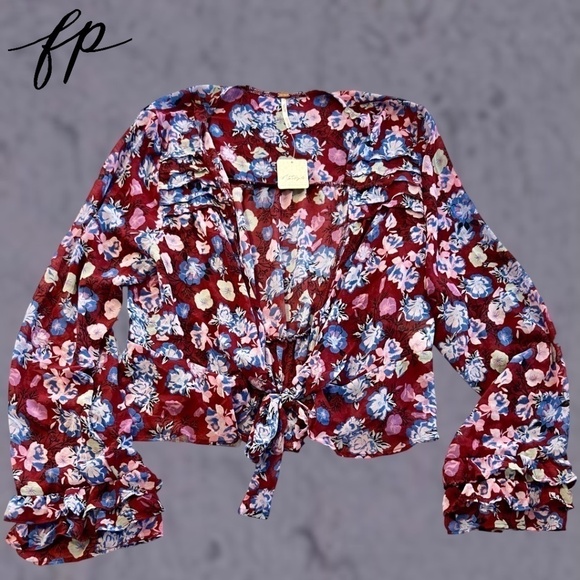 FREE PEOPLE NWT Maybel Tie Front Long Bell Sleeve Semi-Sheer Ruffle Blouse/Md - Picture 13 of 16